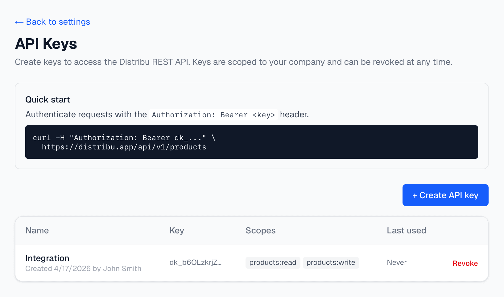 Distribu API keys settings page showing scoped keys with rate limits and last-used timestamps