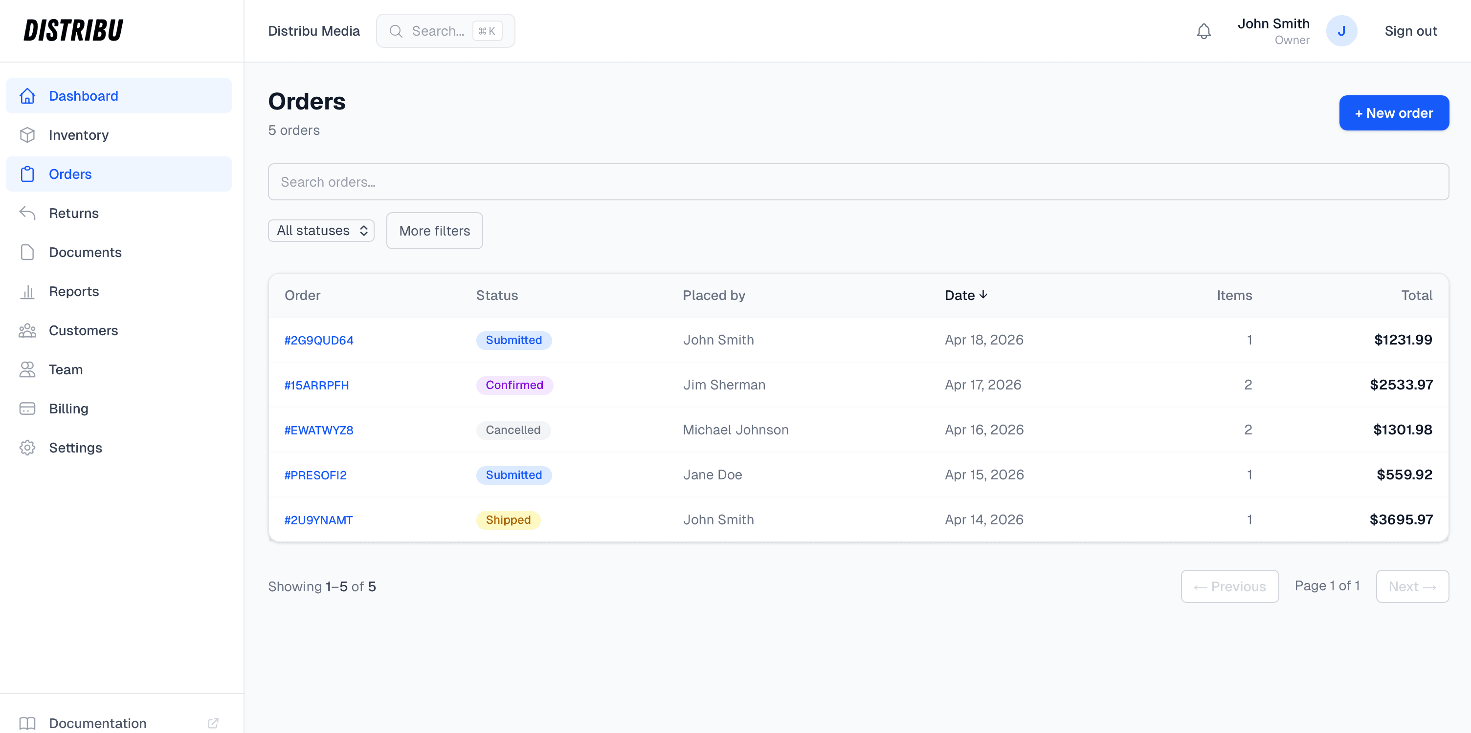 Distribu orders dashboard showing a list of orders with status badges, filters, and bulk actions