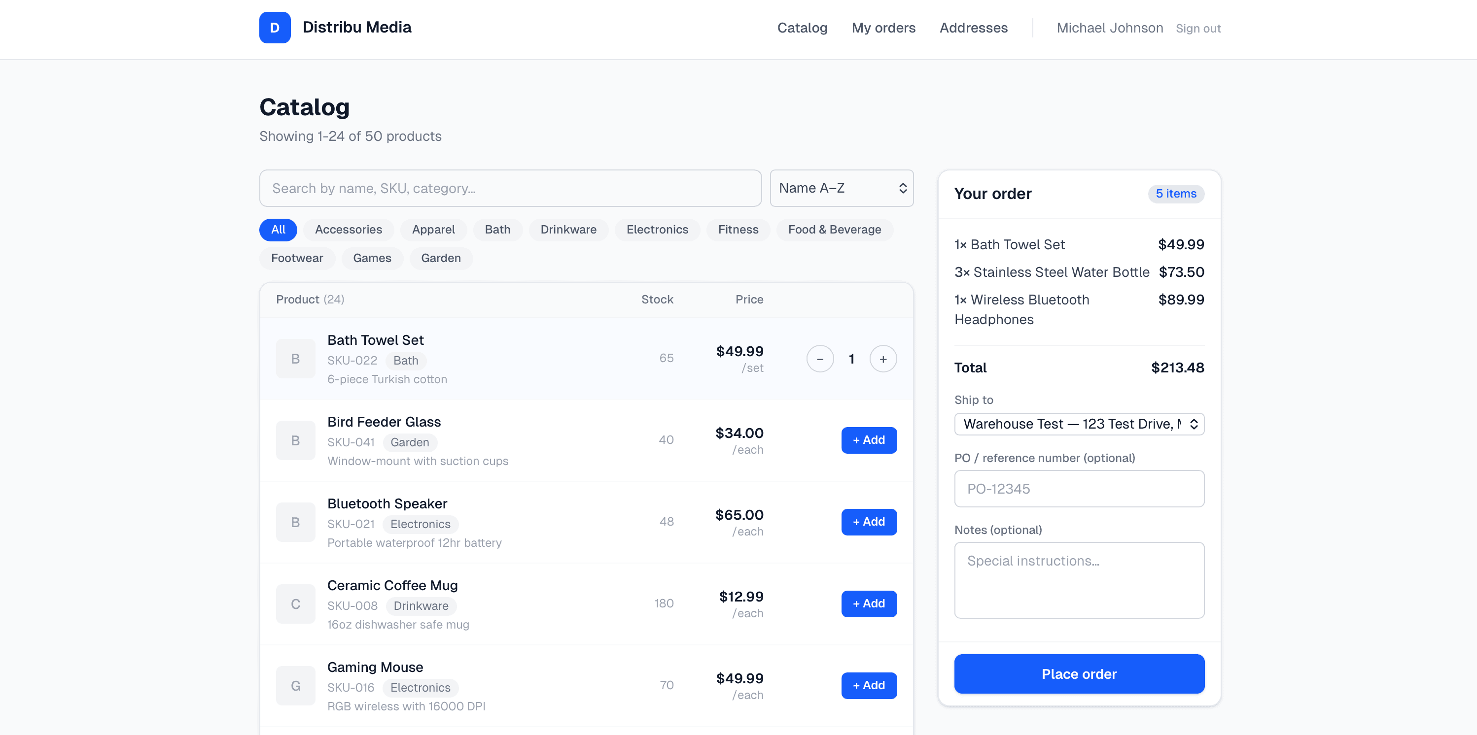 Distribu customer storefront catalog view with product cards, per-buyer prices, and live stock availability